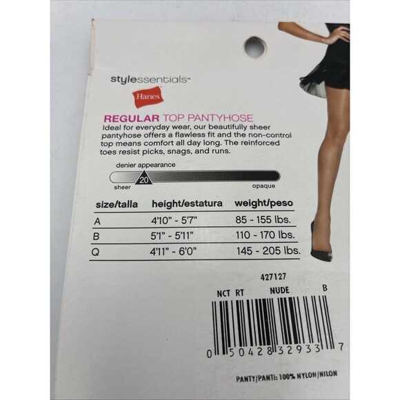 Hanes Regular Top Pantyhose Reinforced Toe Sheer Leg Size B Nude (2 Pair) - Picture 3 of 4